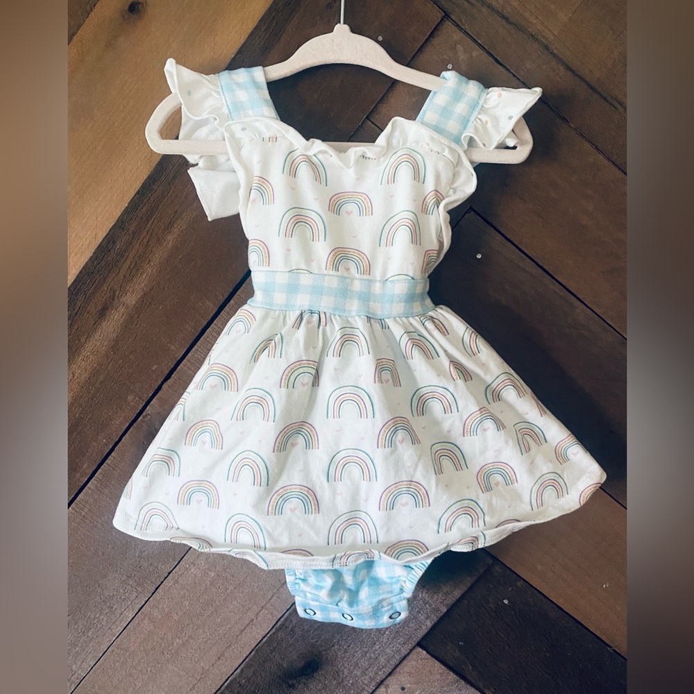 SWOON BABY  NB RUFFLED RAINBOW LOVE JUMPER DRESS GREAT CONDITION